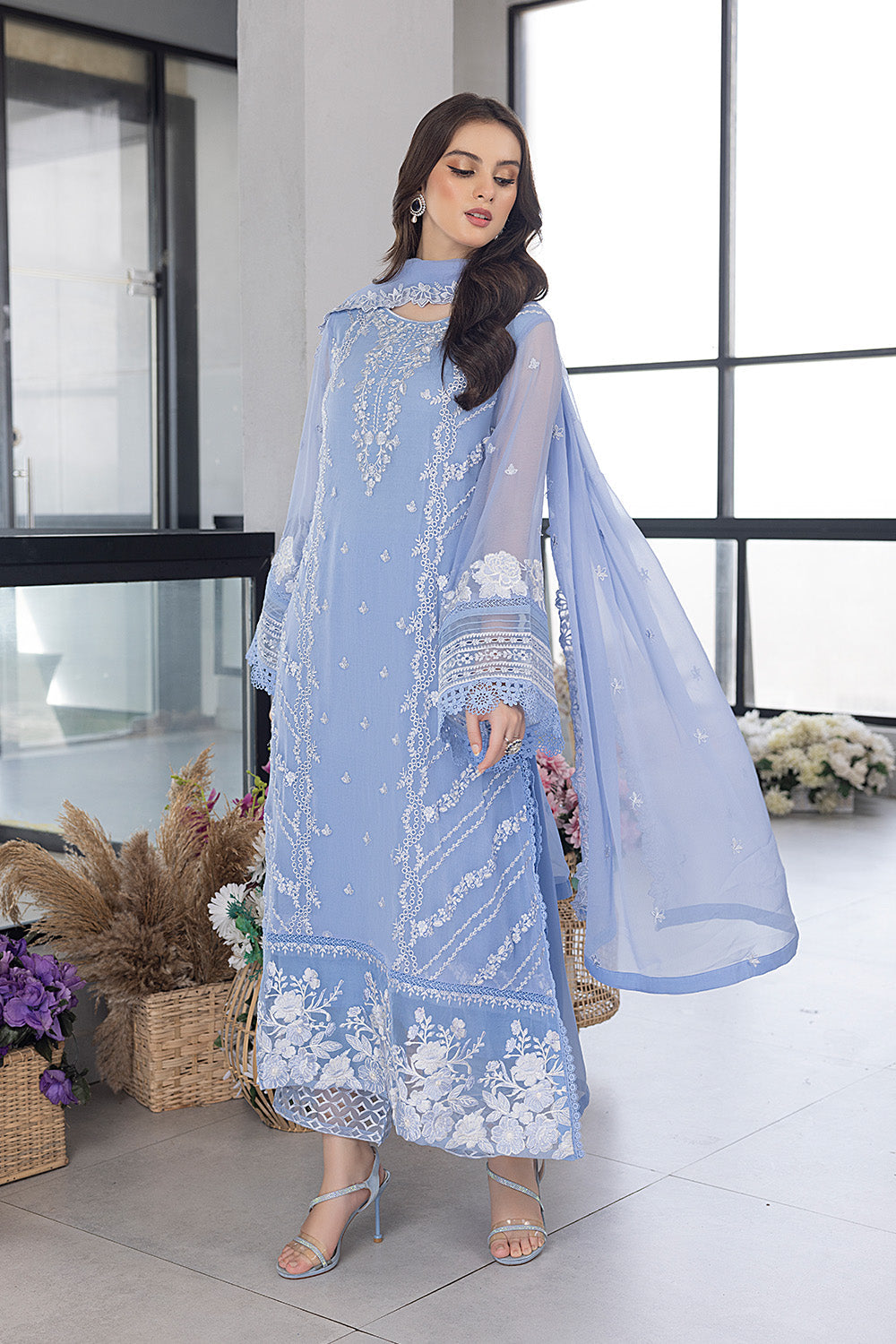AZURE - 3PC EMBROIDERED LAWN SHIRT WITH ORGANZA EMBROIDERED DUPATTA AND TROUSER -